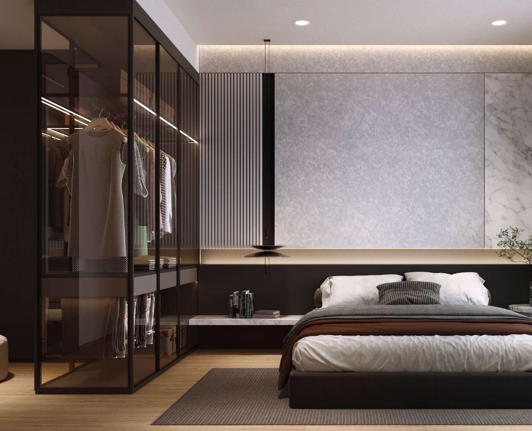 A master bedroom with a walk-in wardrobe