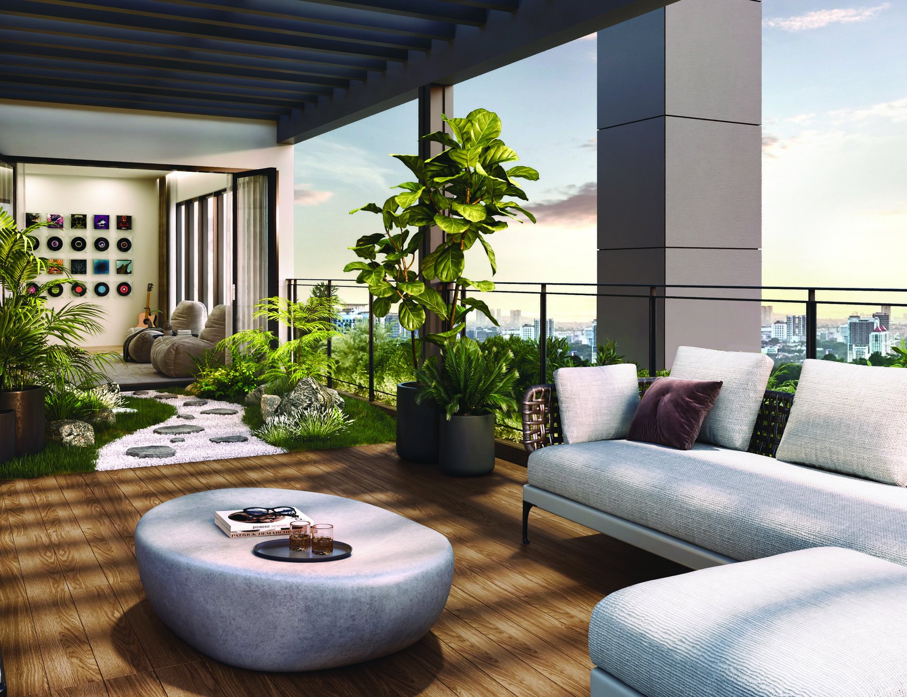 A patio on the garden deck opening onto planting
